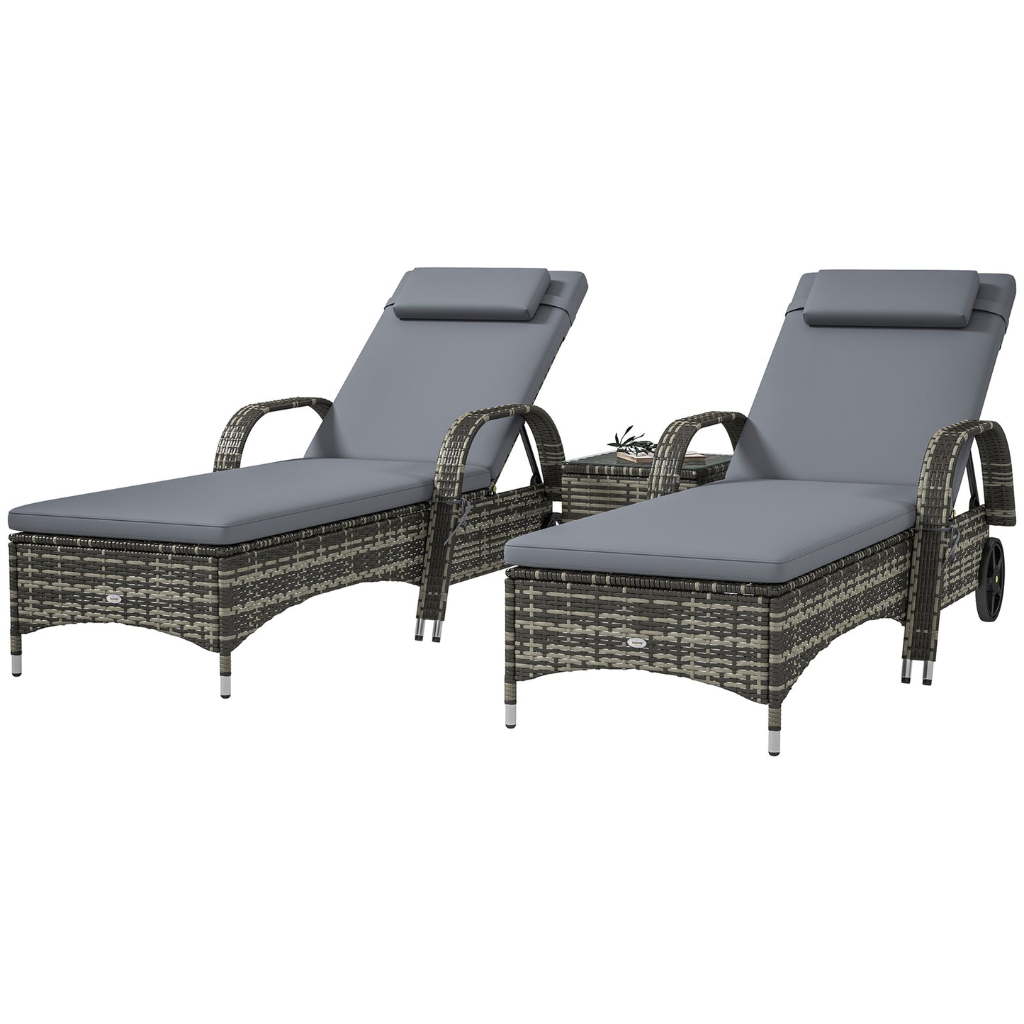 Adjustable Gray Wicker Chaise Lounge Chair Set of 2 with Table