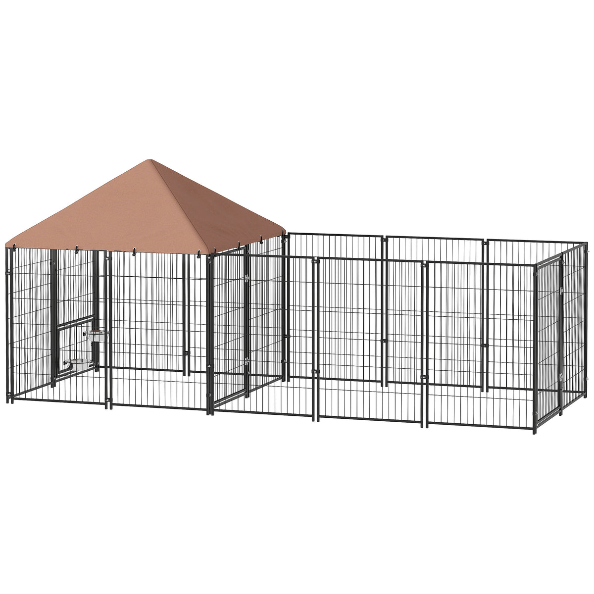 Large Outdoor Dog Kennel with Rotating & Adjustable Bowls, Waterproof Canopy