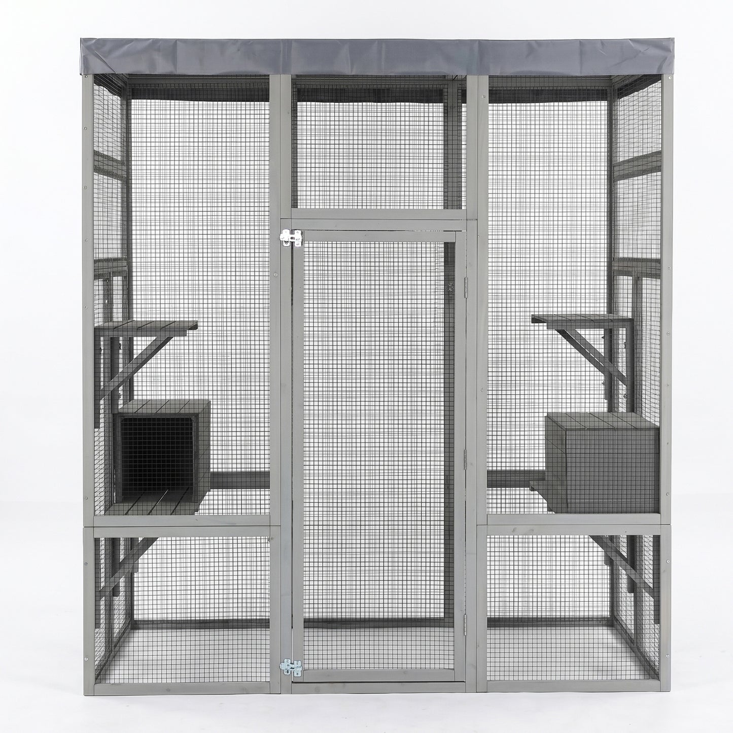 Gray Wooden Cat Enclosure with Waterproof Top, 2 Napping Boxes, Spacious & Secure