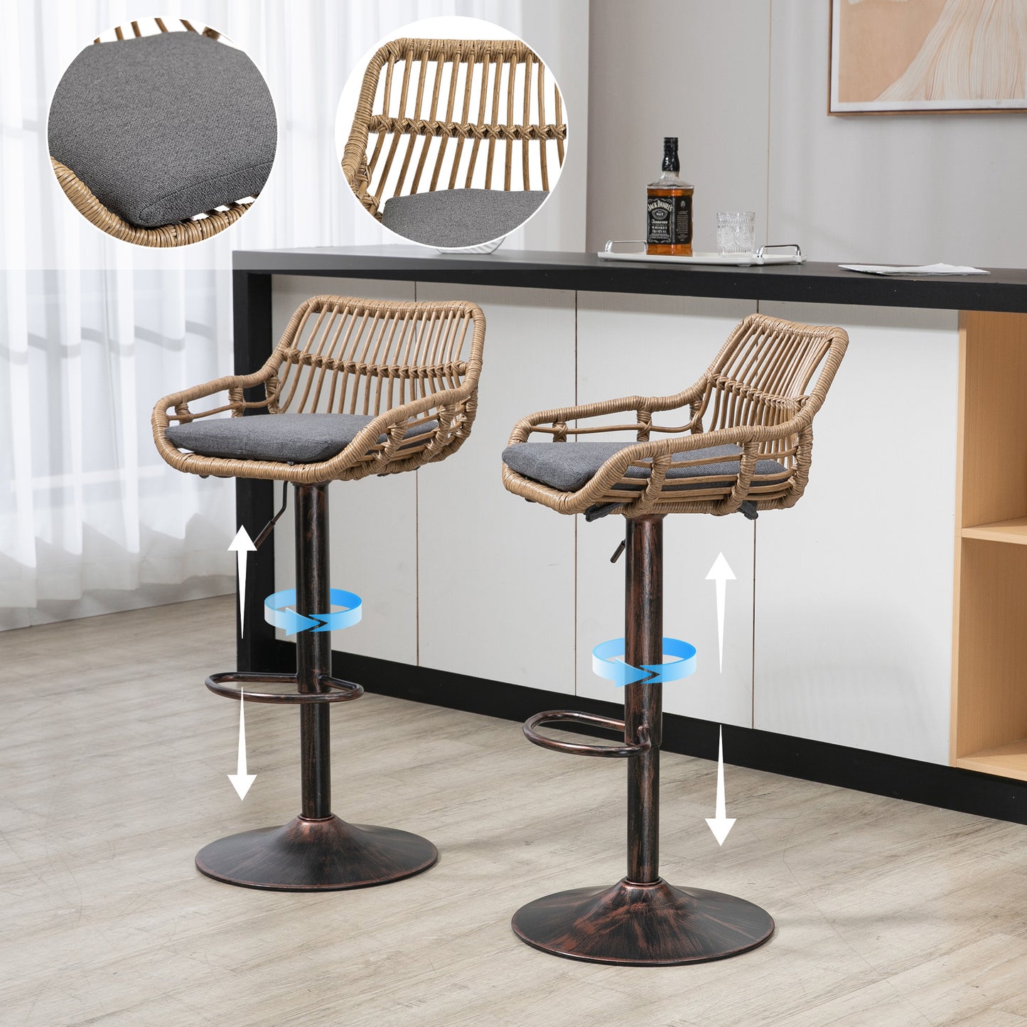 Adjustable Modern Swivel Bar Stools Set of 2 with Footrest - Gray