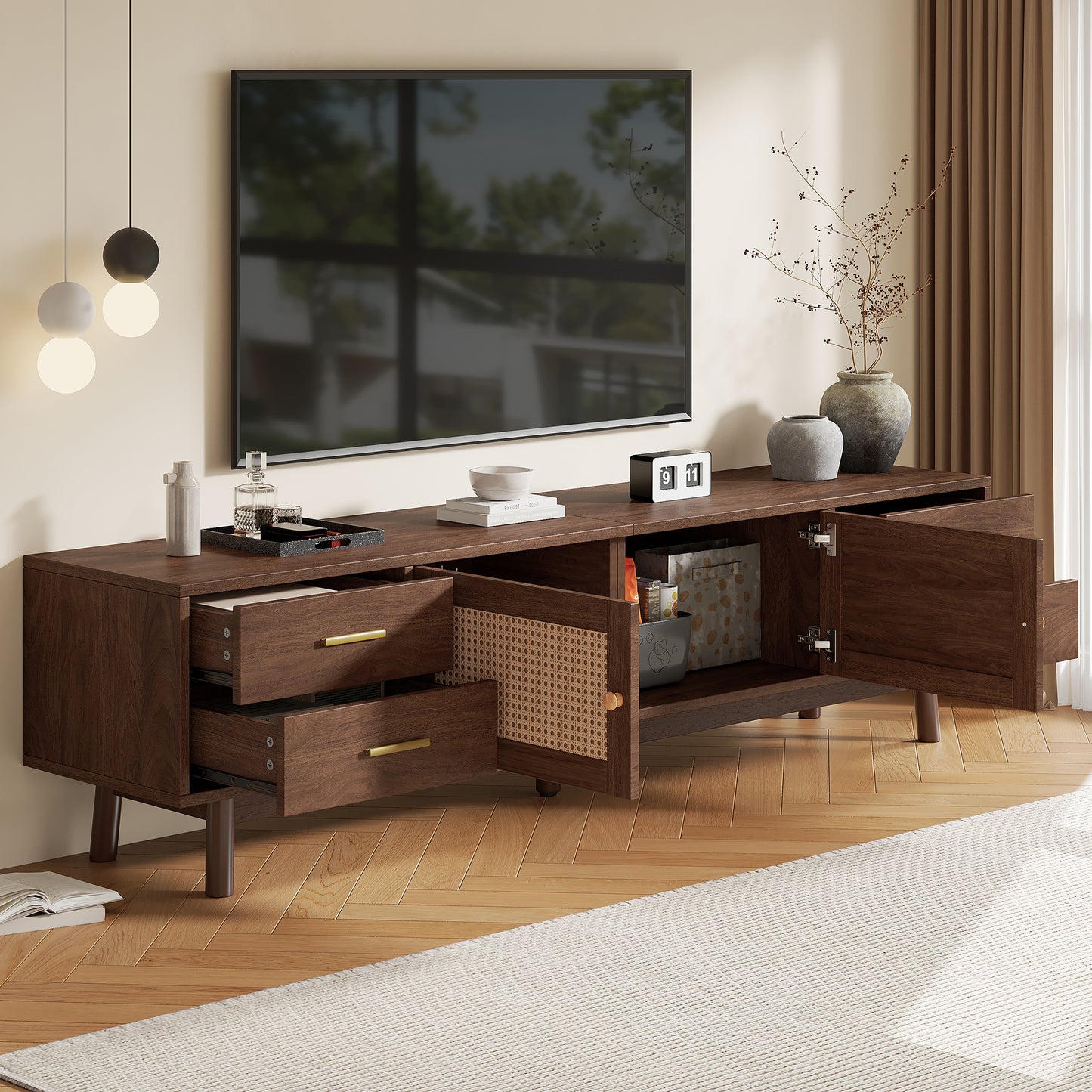 70inch Modern TV Stand With Rattan Doors For TVs Up To 80 , Media