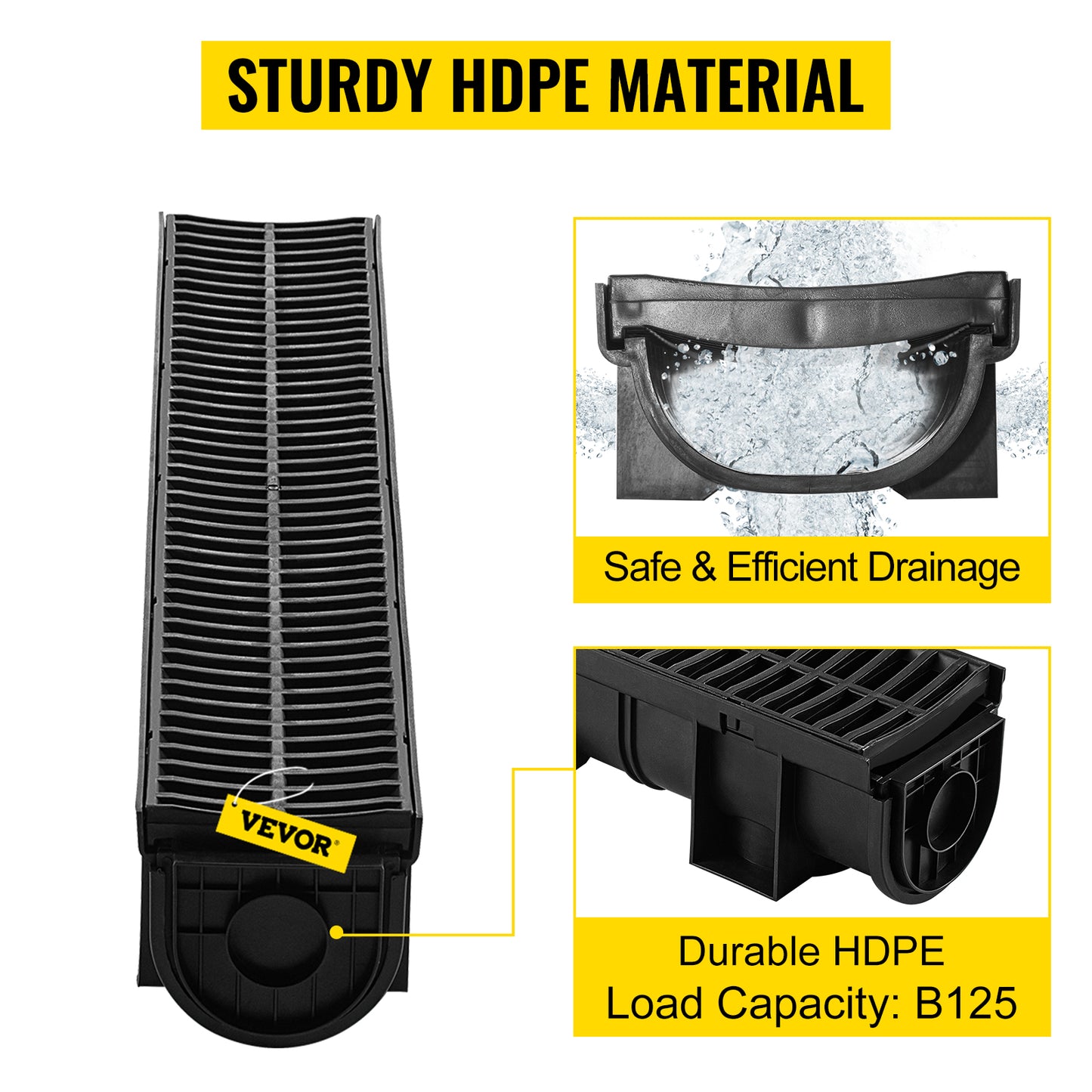 Garden Trench Drain System with Plastic Grate 6 Pack - Black 5.9x5.1 Inch HDPE Drainage Channel for Driveway & Garden