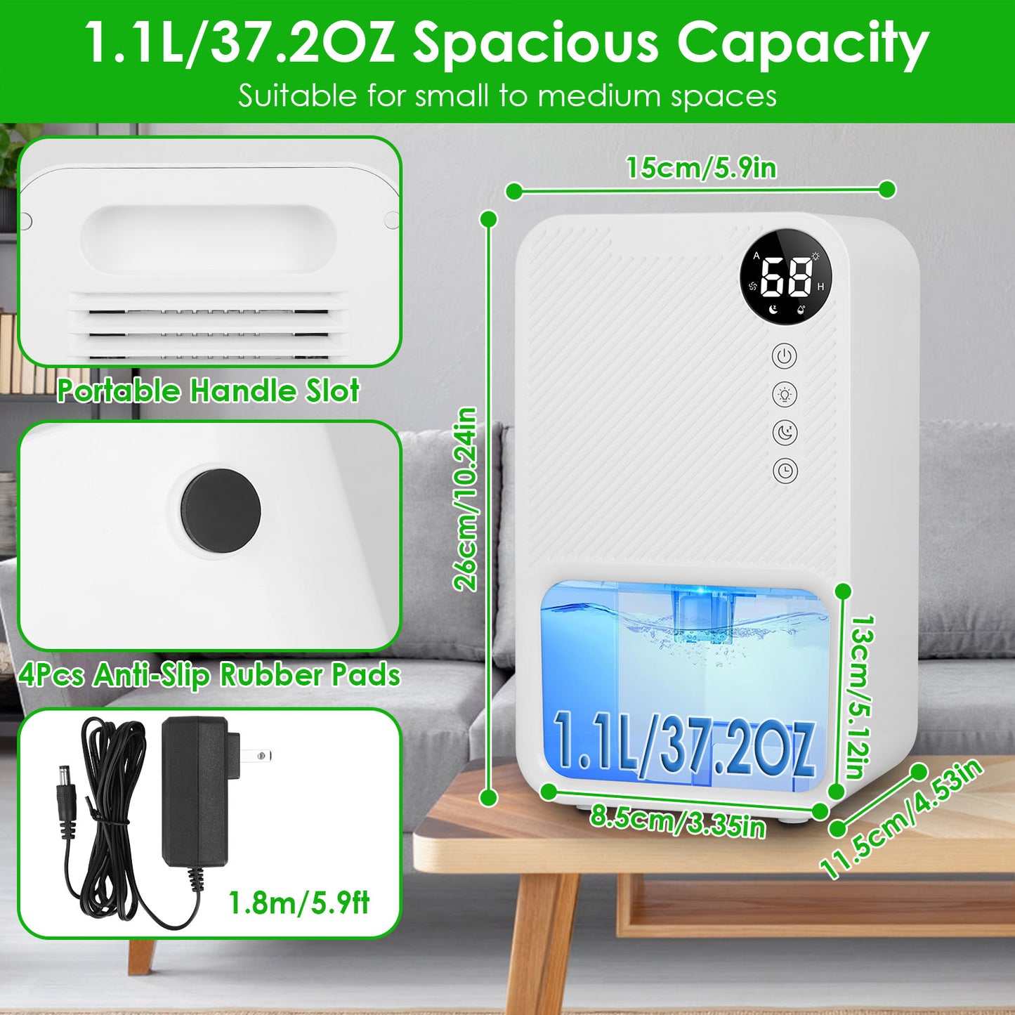 Portable Dehumidifier 37OZ with Sleep Mode, 7-Color Night Light, Timer for Home Bathroom Basement