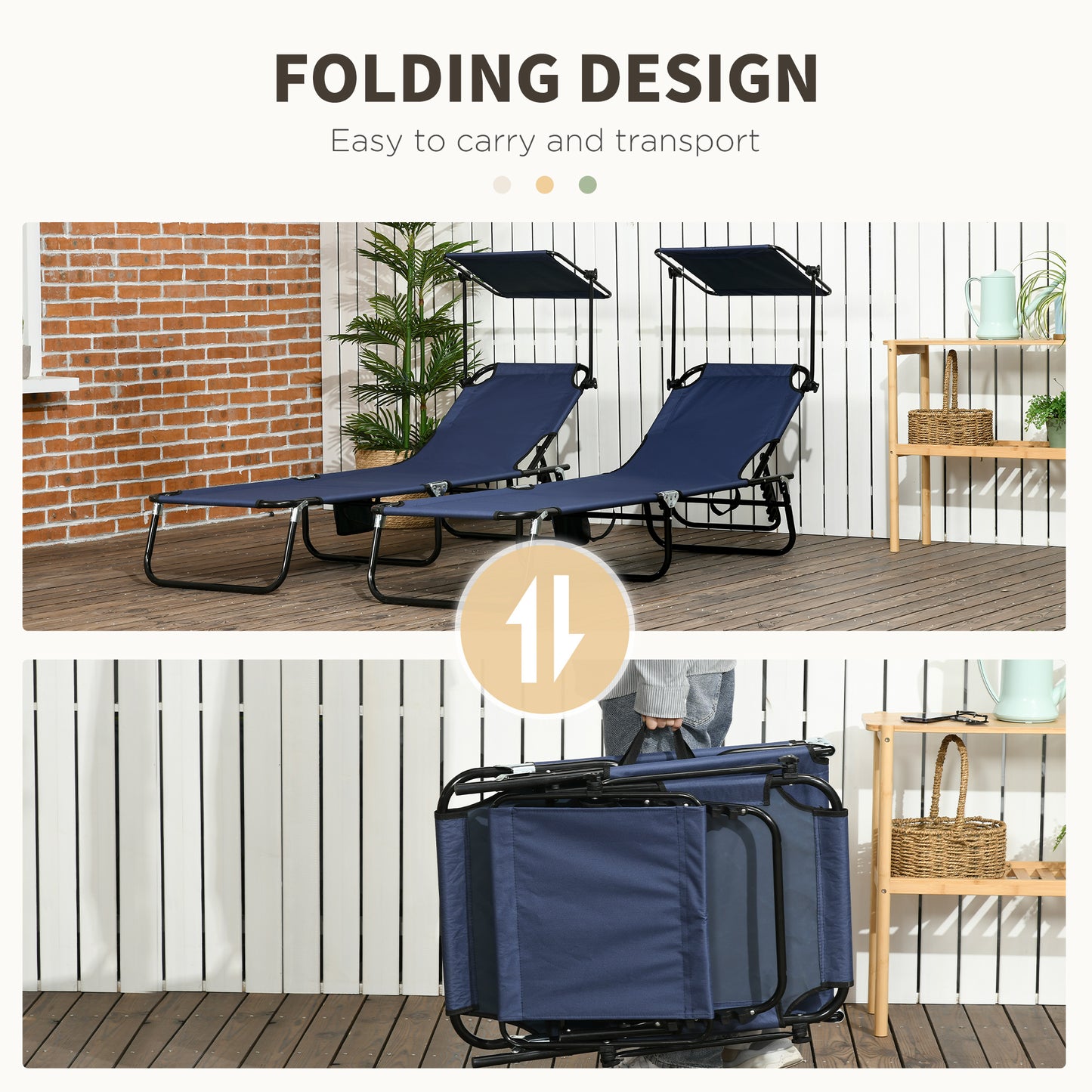 Set of 2 Outdoor Chaise Lounge Chairs - Reclining Back, Dark Blue