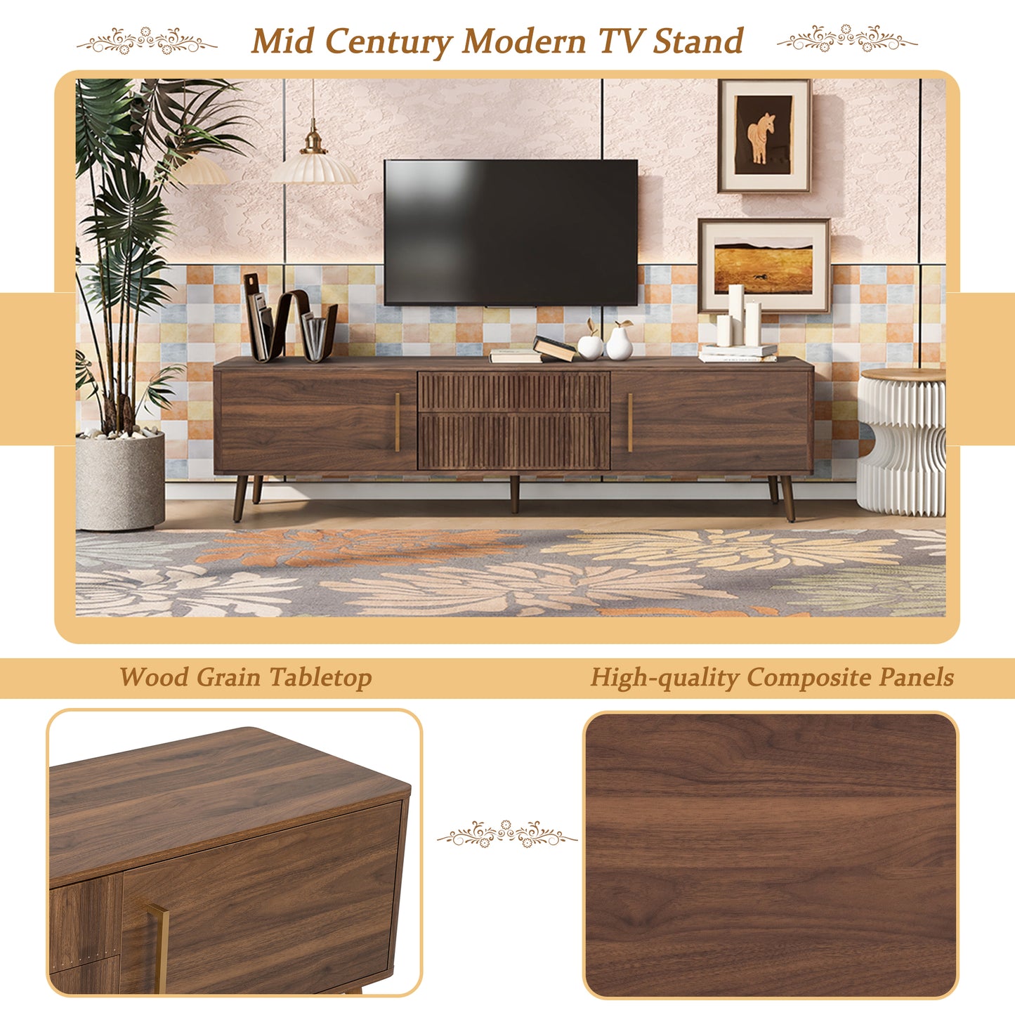 Mid Century TV Stand with 2 Drawers for TVs Up to 80'' - Walnut