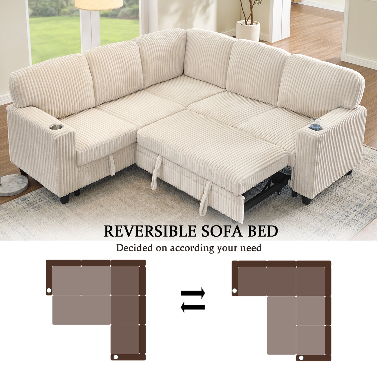 L-Shaped Sectional Sofa Bed with USB Charging & Storage - Beige