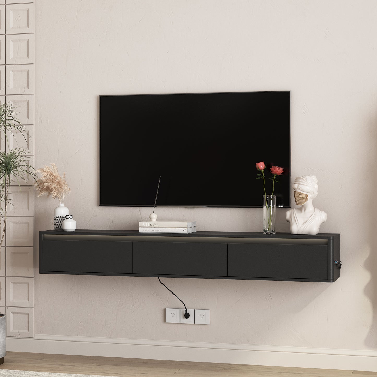 Wall Mounted Floating TV Stand with LED Lights & Power Outlet - Black