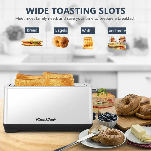 4-Slice Stainless Steel Toaster with Wide Long Slots, 6 Browning Settings, Bagel & Reheat Functions