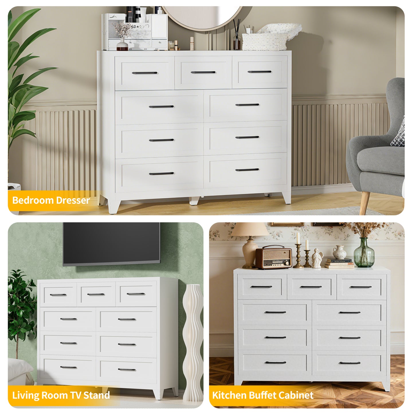 9-Drawer Tall Dresser, White Metal Storage Cabinet With Smooth