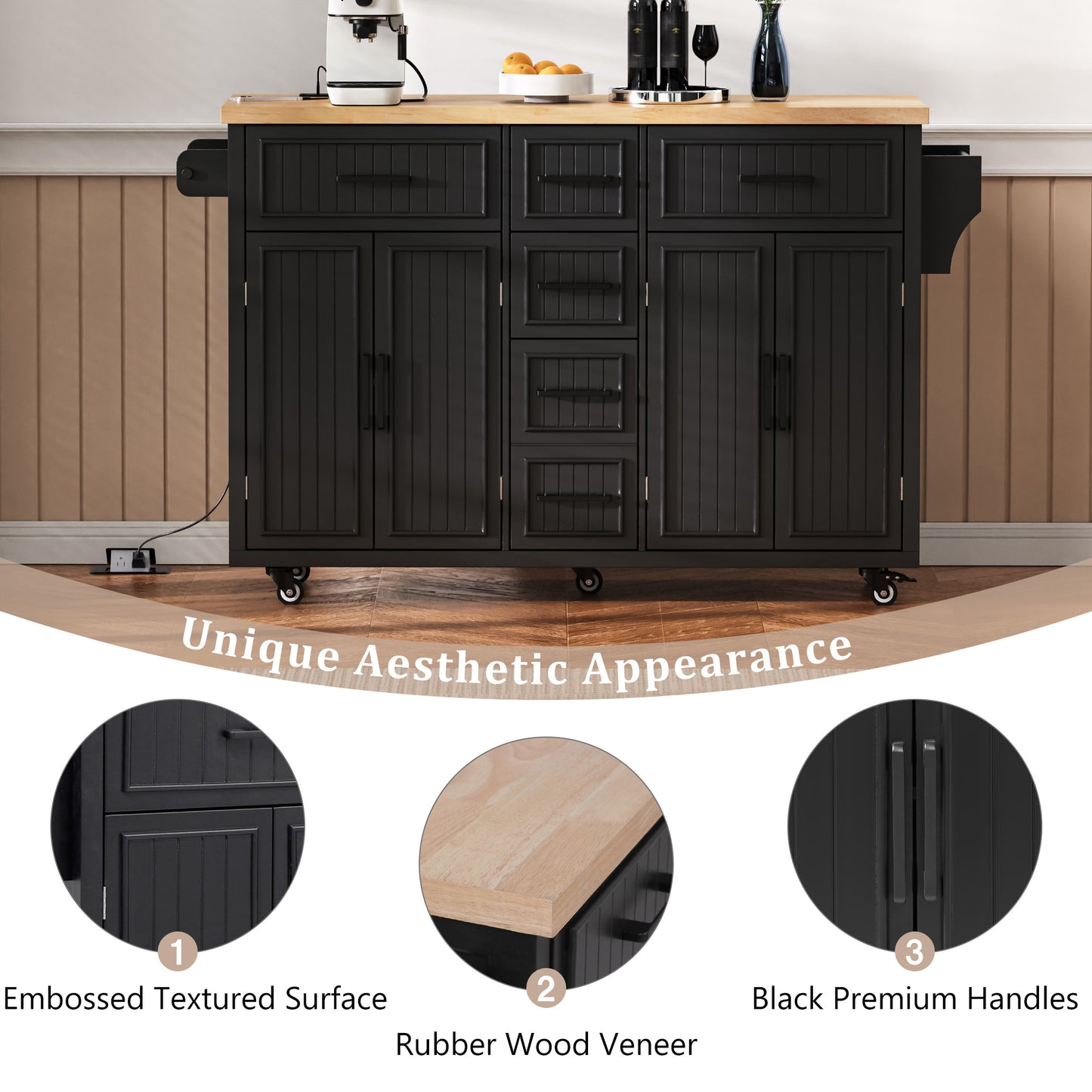 K&K 56.5 Kitchen Island With Drop Leaf, Power Outlet, Embossed