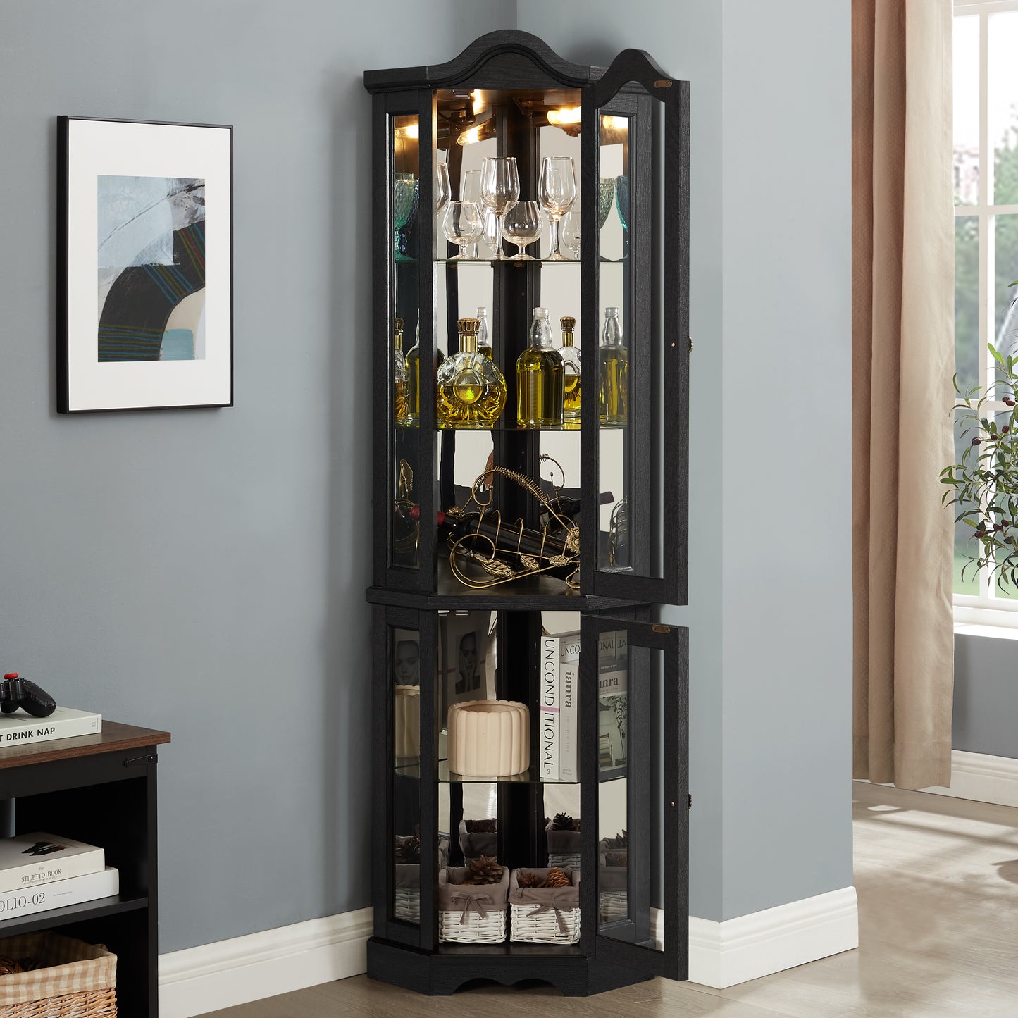Lighted Corner Curio Cabinet With Tempered Glass Doors & Shelves -