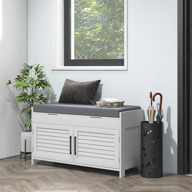 Shoe Storage Bench with Cushion and Hidden Compartments - White Entryway Organizer