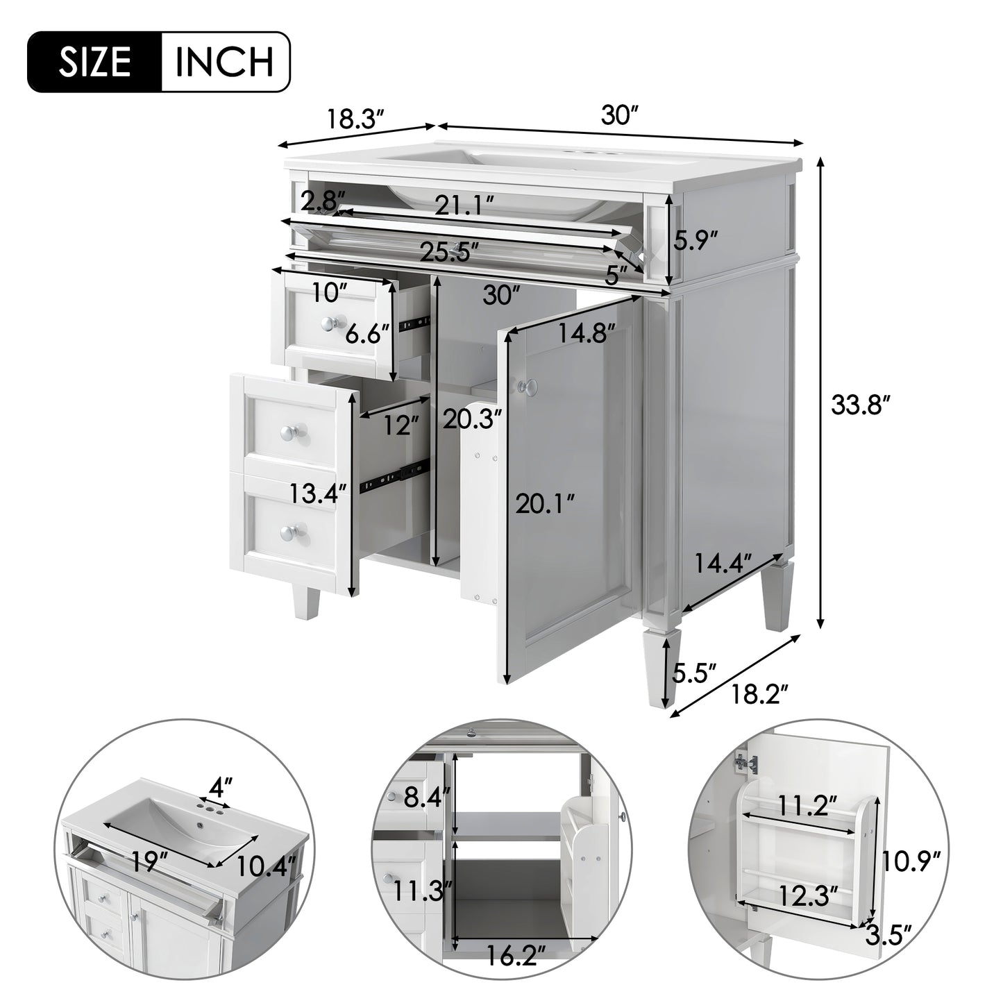 30'' Modern Bathroom Vanity with Sink & Storage - White