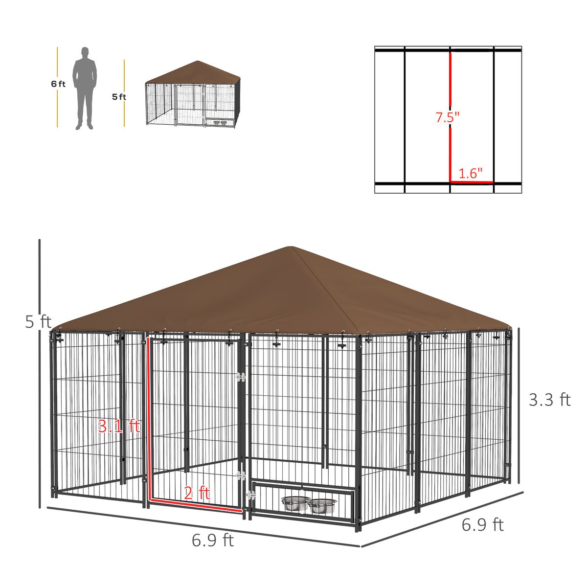 Outdoor Dog Kennel with Canopy - Large Pet Playpen Fence Cage, Coffee