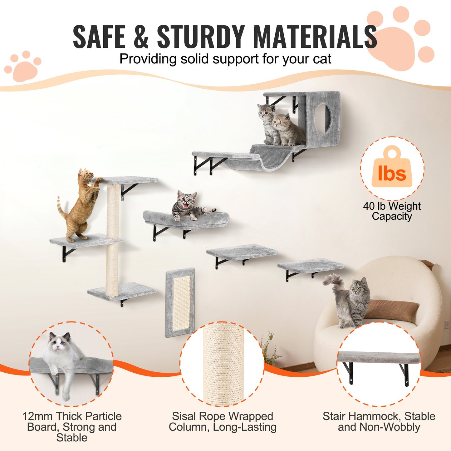 Wall Mounted Cat Shelves Tree Set with Jump Boards Hammock Sofa & Grip - 6 Pieces