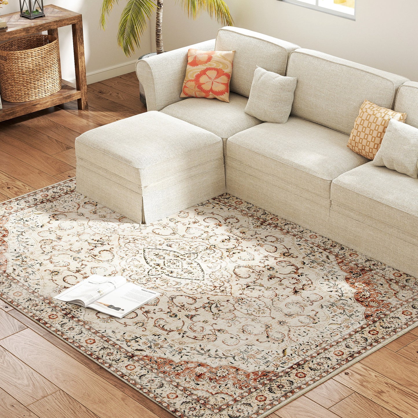 5x7 Area Rug - Machine Washable Floral Print, Non-Slip, Mixed-Brown