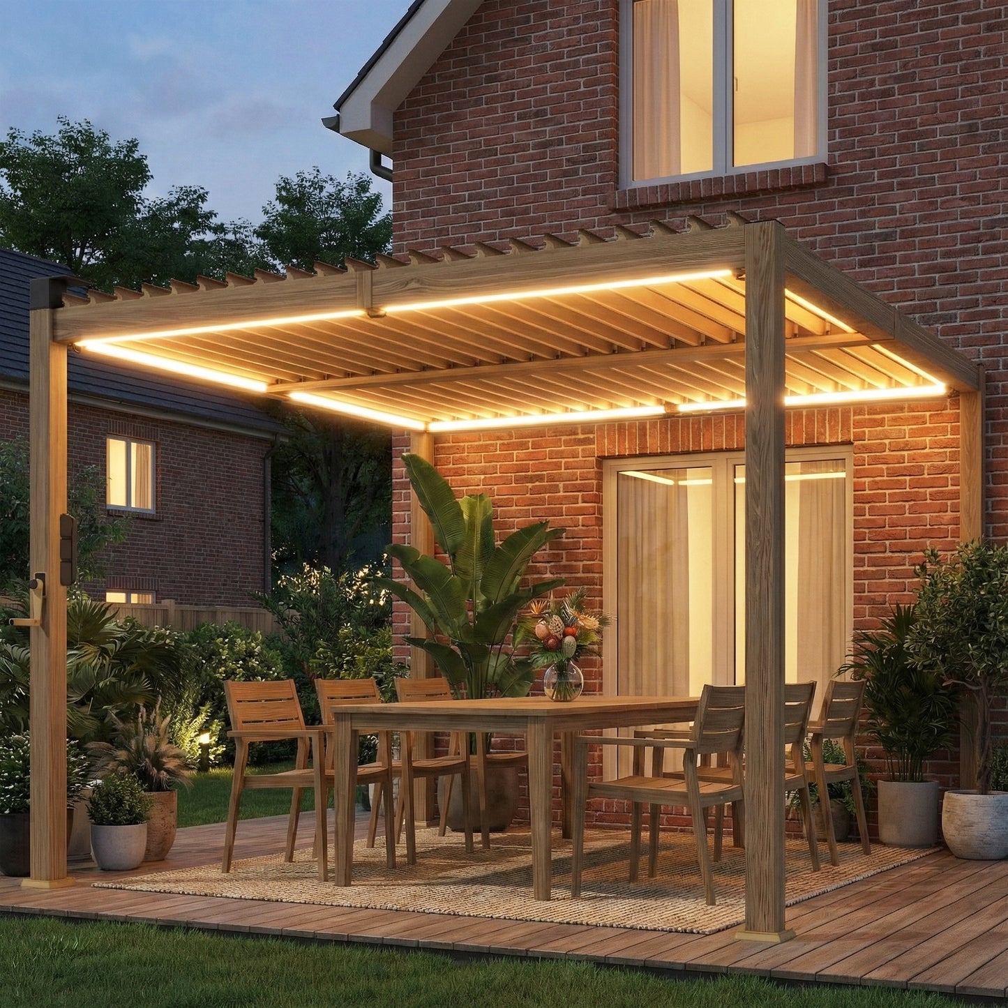 10x10 Louvered Pergola with Solar LED Lights & Metal Roof - Brown