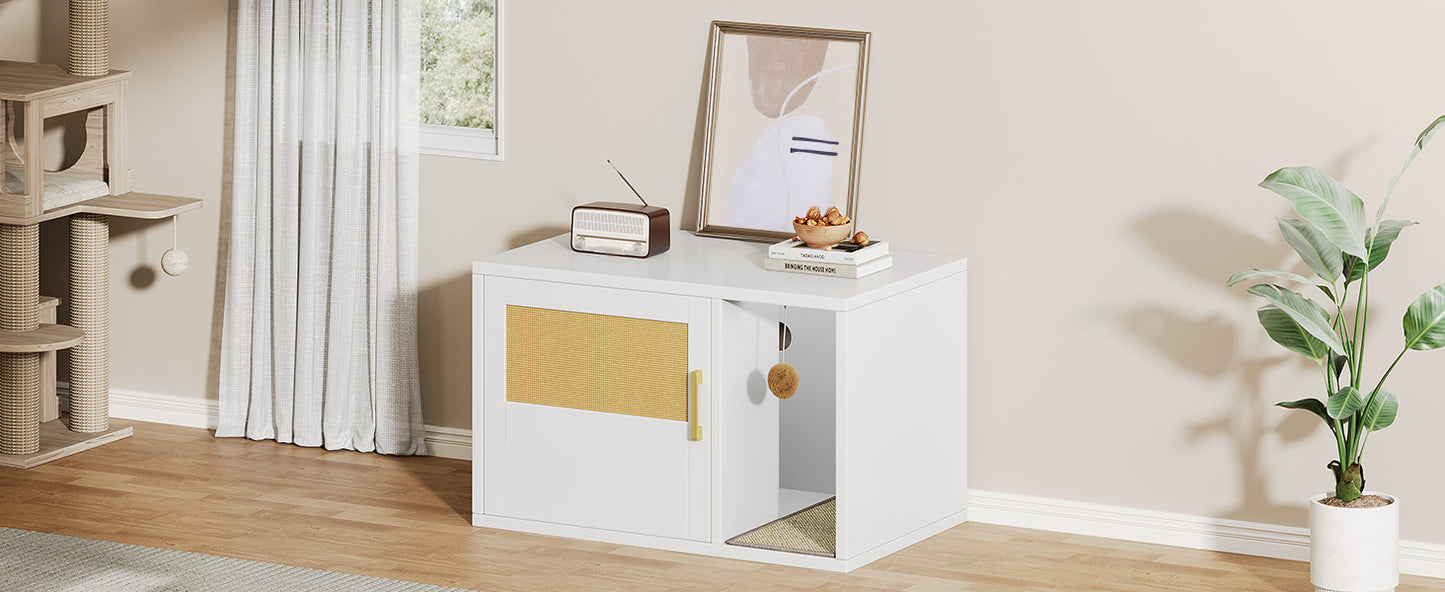 Multifunctional Cat Litter Box Cabinet with Odor Control & Side Table - White