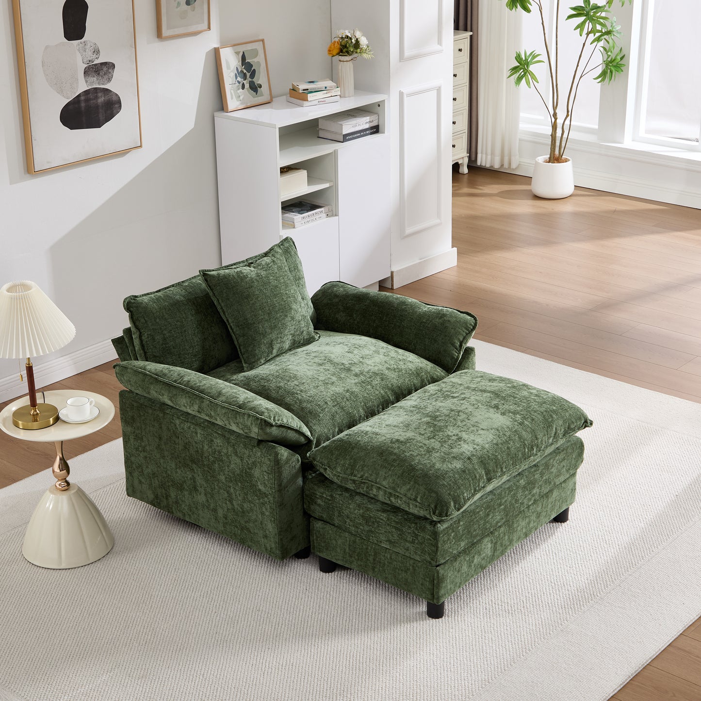 Modern Accent Chair with Ottoman - Green Chenille Upholstered Armchair