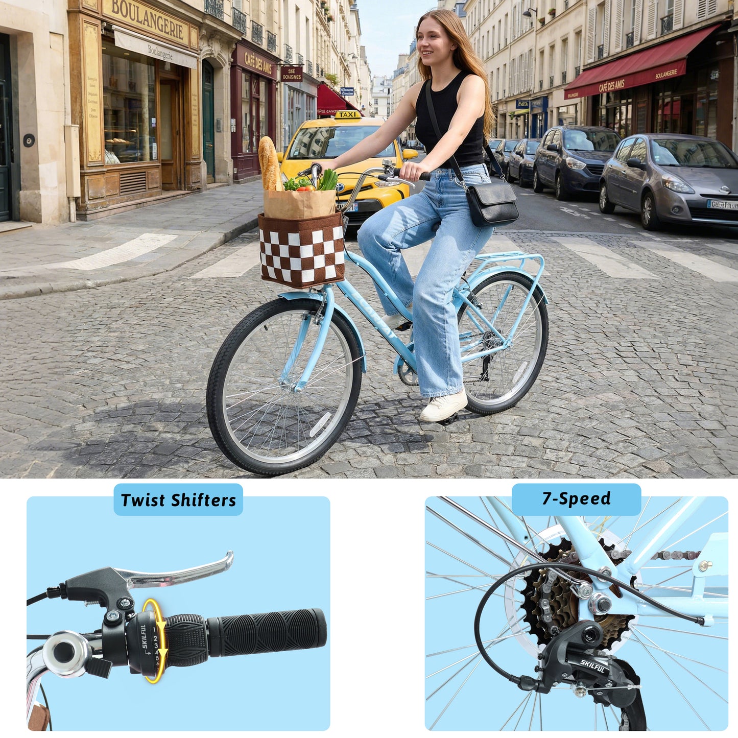 26 Inch City Commuter Bike with 7-Speed Drivetrain & Basket
