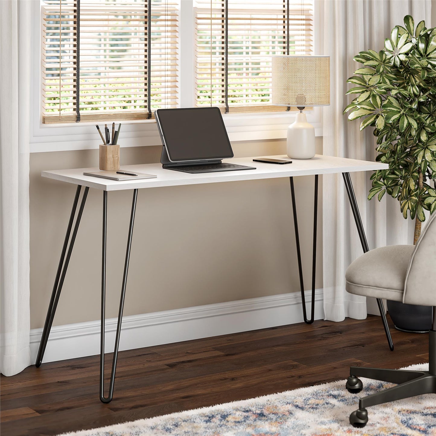 Writing Desk with Black Hairpin Metal Legs - White Oak