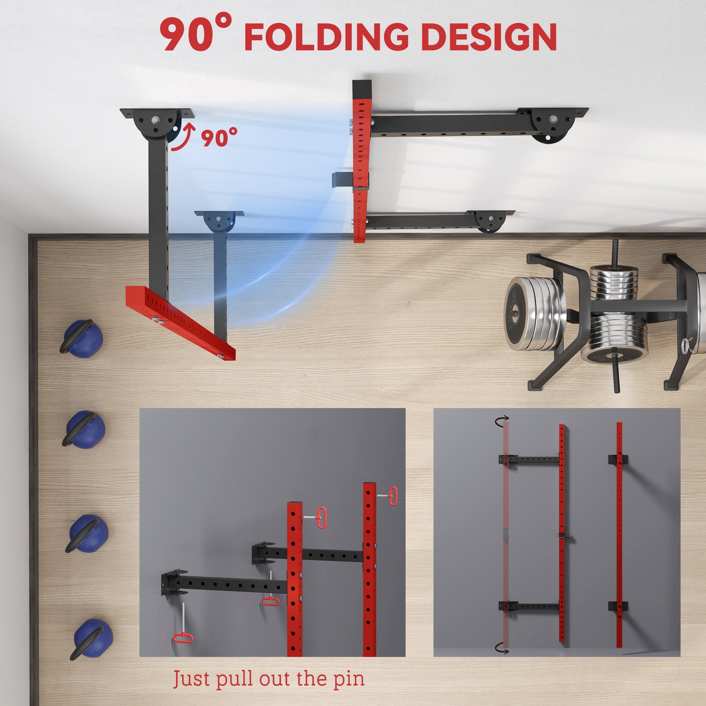 Adjustable Folding Squat Rack with Pull Up Bar - Red