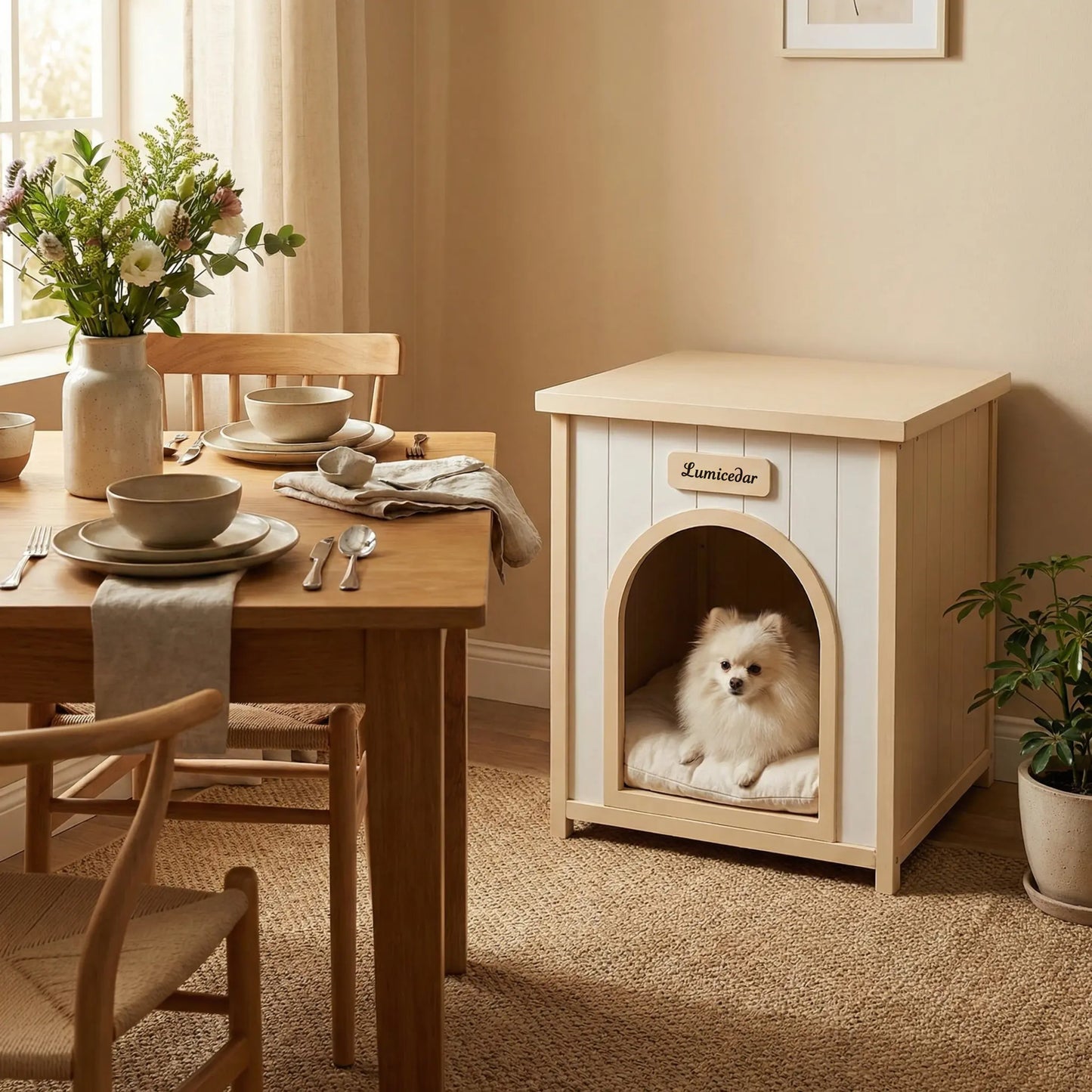 Indoor Wooden Dog House with Removable Cushion - Small Pet Shelter, Scandinavian Design