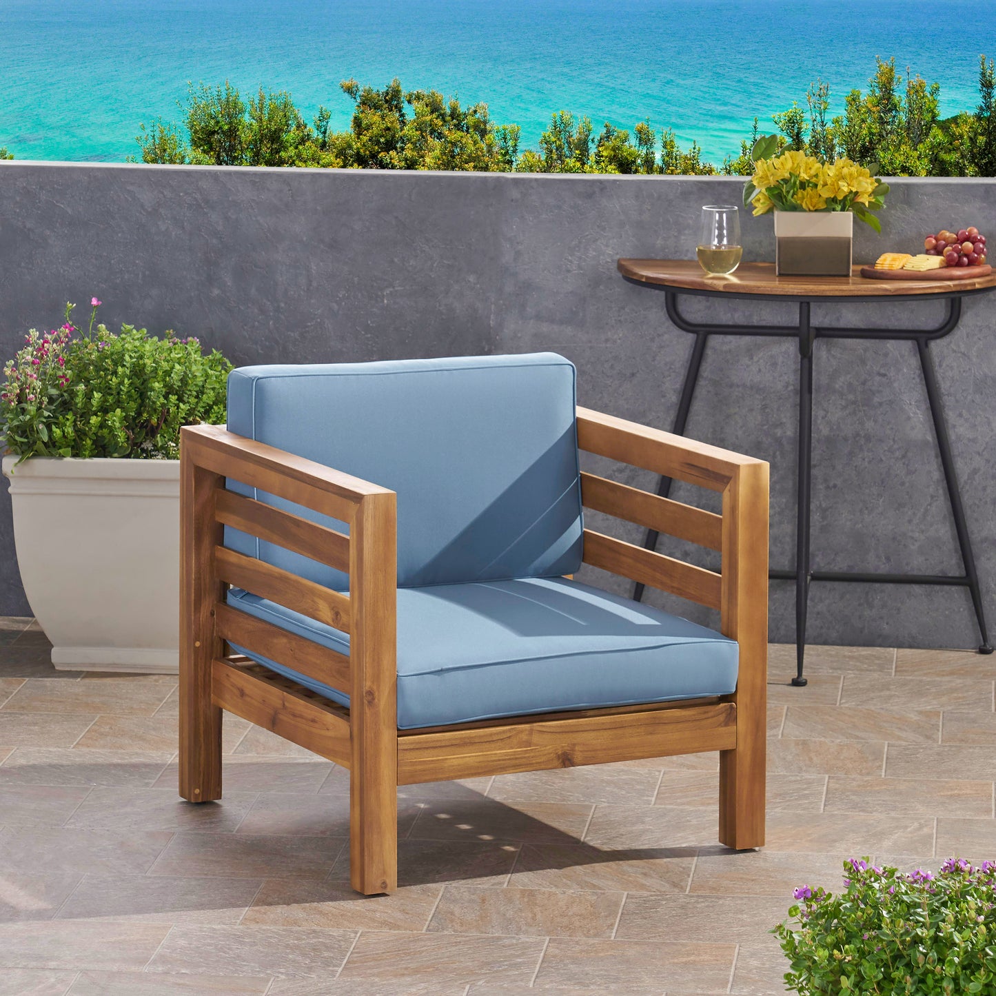 Oana Club Chair - Durable Acacia Wood, Pecan Blue