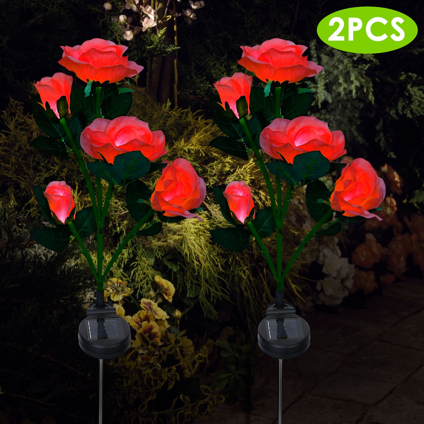 Solar Powered Rose Flower LED Lights - 2Pcs Outdoor Decorative Lamps