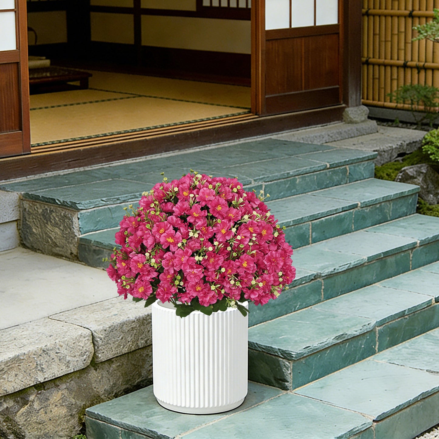 24-Inch Faux Snow Lotus Potted Plant - Rose Red, UV-Resistant