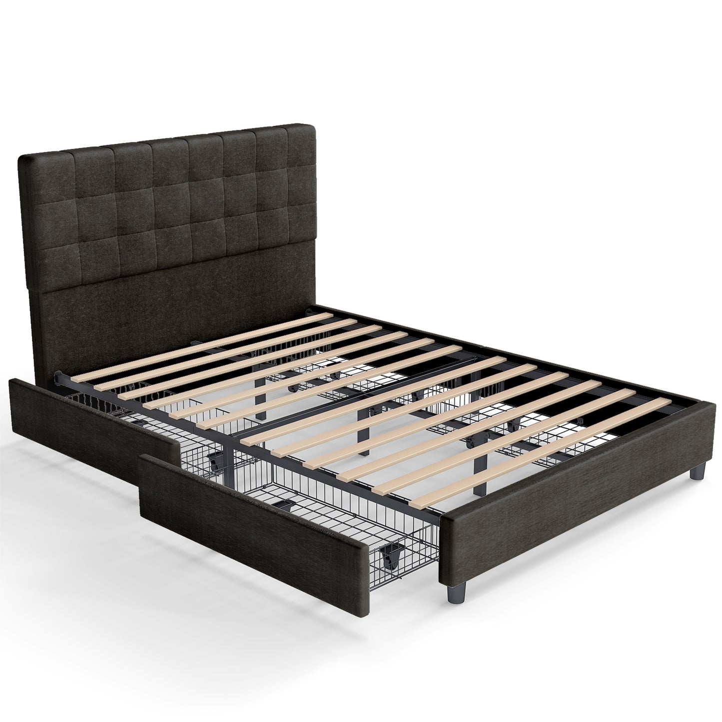 Queen Bed Frame Upholstered Vertical Channel Headboard With 4 Storage