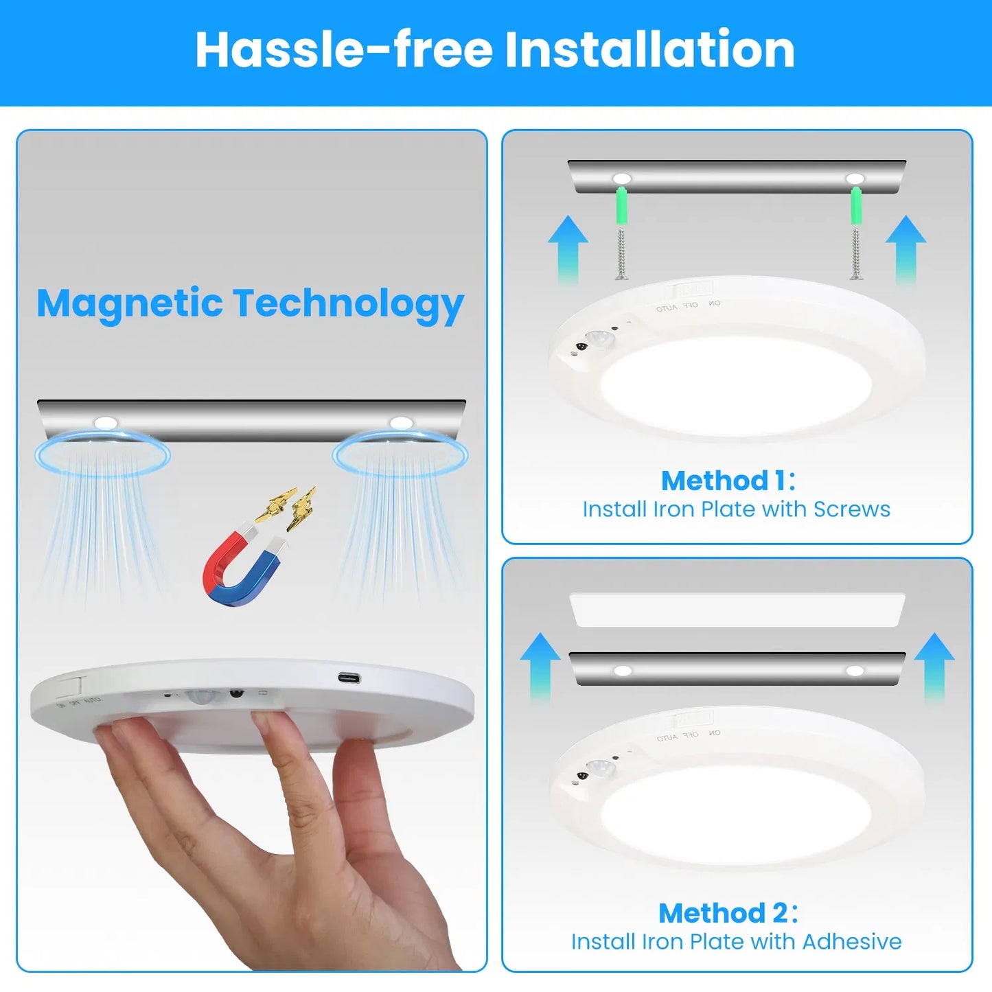 Rechargeable Magnetic Ceiling Light with Motion Sensor and Remote Control — Dimmable, 3 Color Temperatures