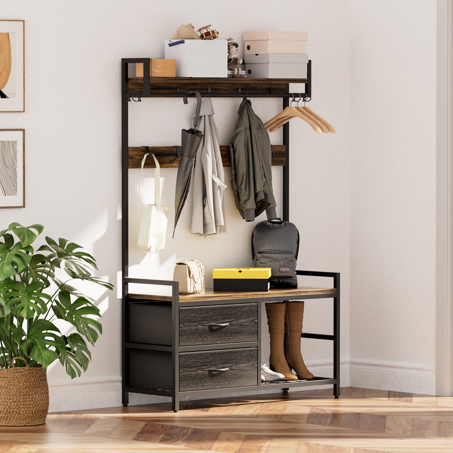 33.1 Wide Hall Tree With 2 Movable Drawers, Shoe Storage, Shelves And