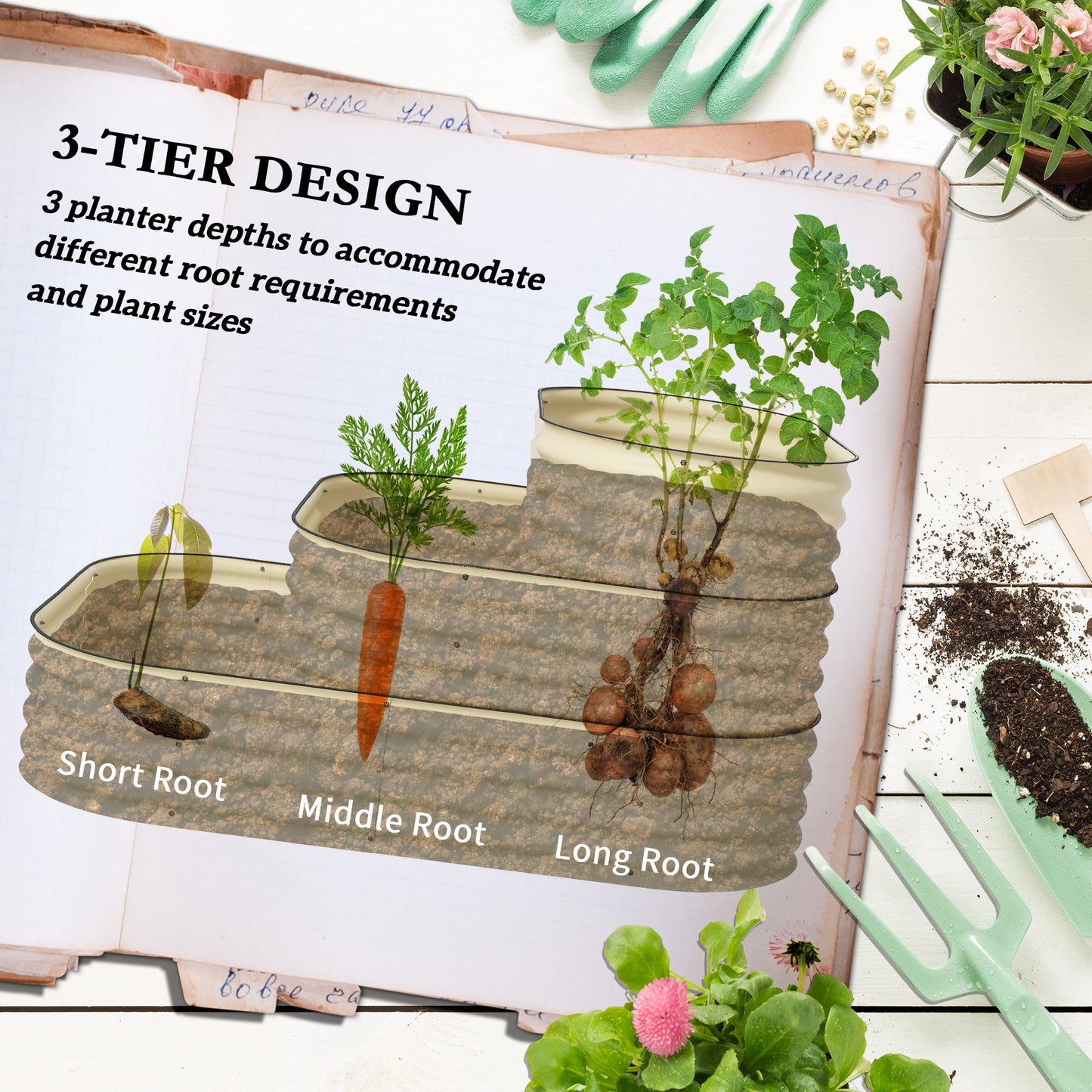 3-Tier Raised Garden Bed Set with Open Bottom, Cream White, 62.25 x 43 inches