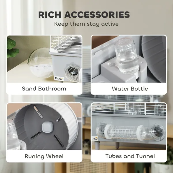 Hamster Cage with Sand Bathroom, Running Wheel & Accessories - Dual-Level Small Pet Habitat