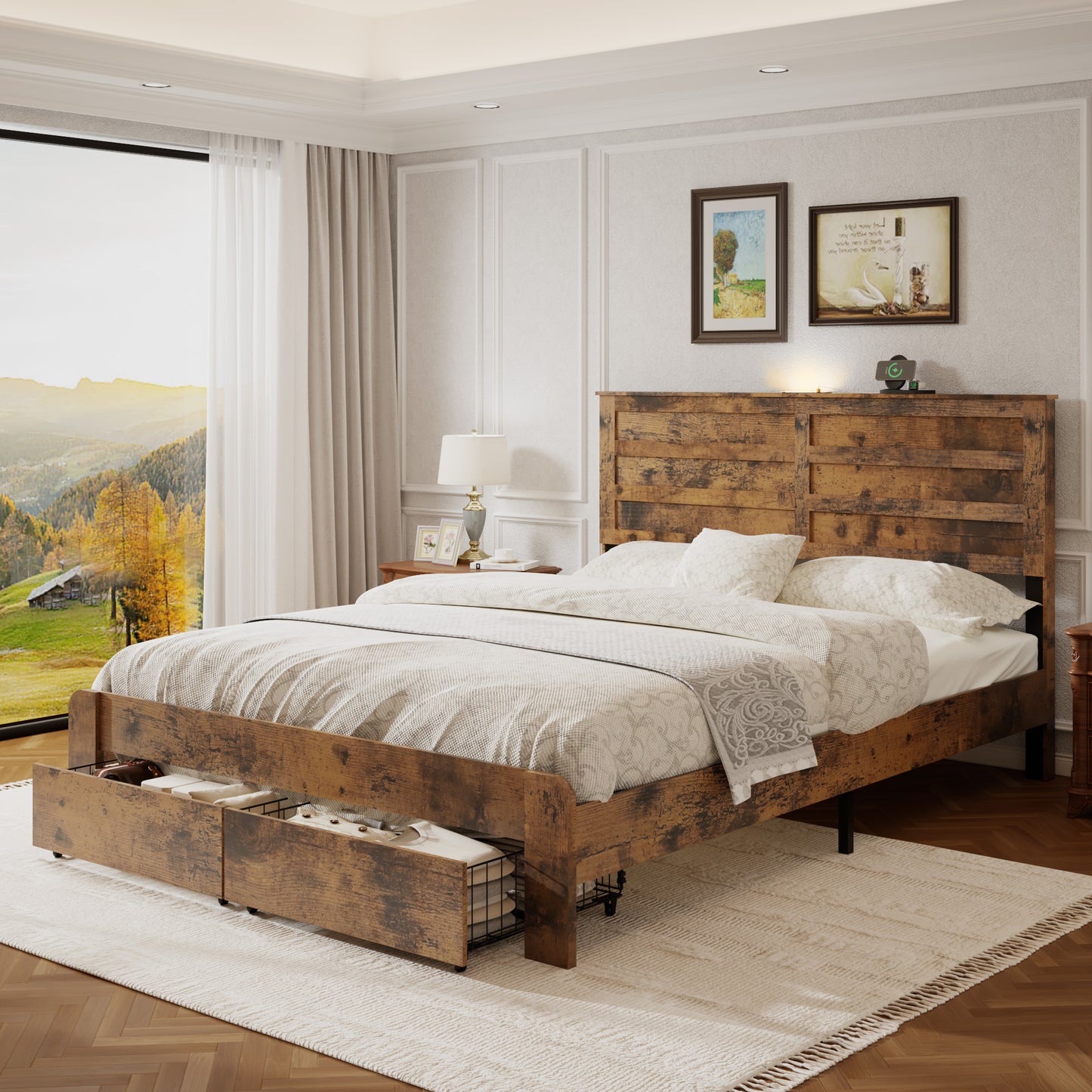 Queen Platform Bed Frame with LED Headboard, USB Charger & Drawers - Dark Brown
