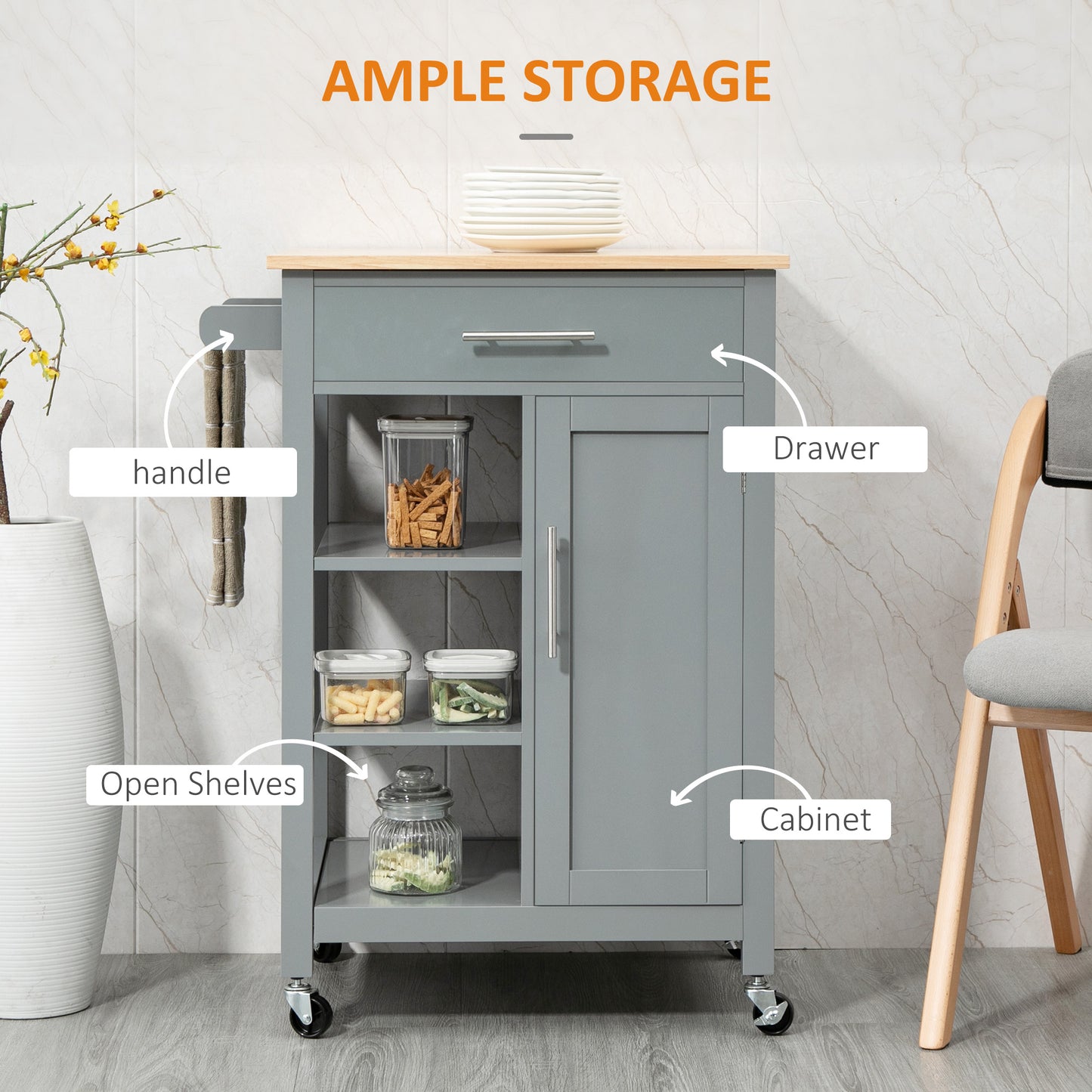 Rolling Kitchen Island Cart with Storage Shelf - Gray
