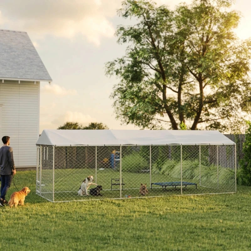 Outdoor Dog Kennel with Lockable Door UV-Resistant Cover 20x7.5x6.5ft, Silver