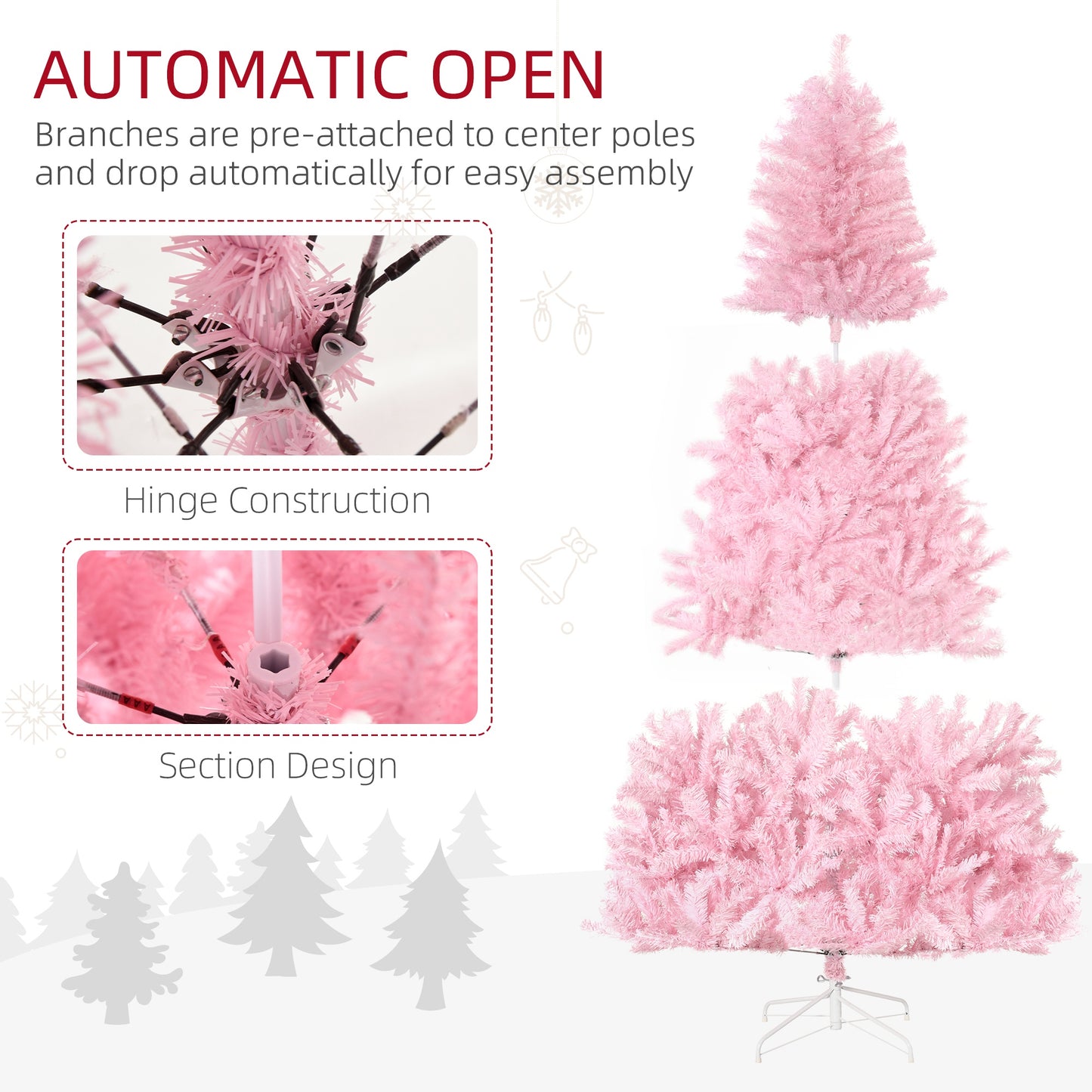 7ft Pink Artificial Christmas Tree with Auto Open and Steel Base