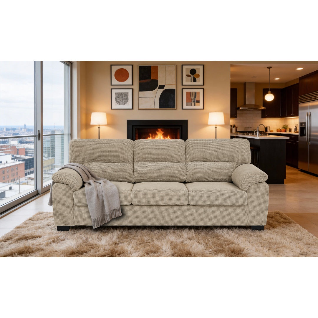 Modern 3-Seater Sofa - Upholstered Textured Fabric Couch - Camel