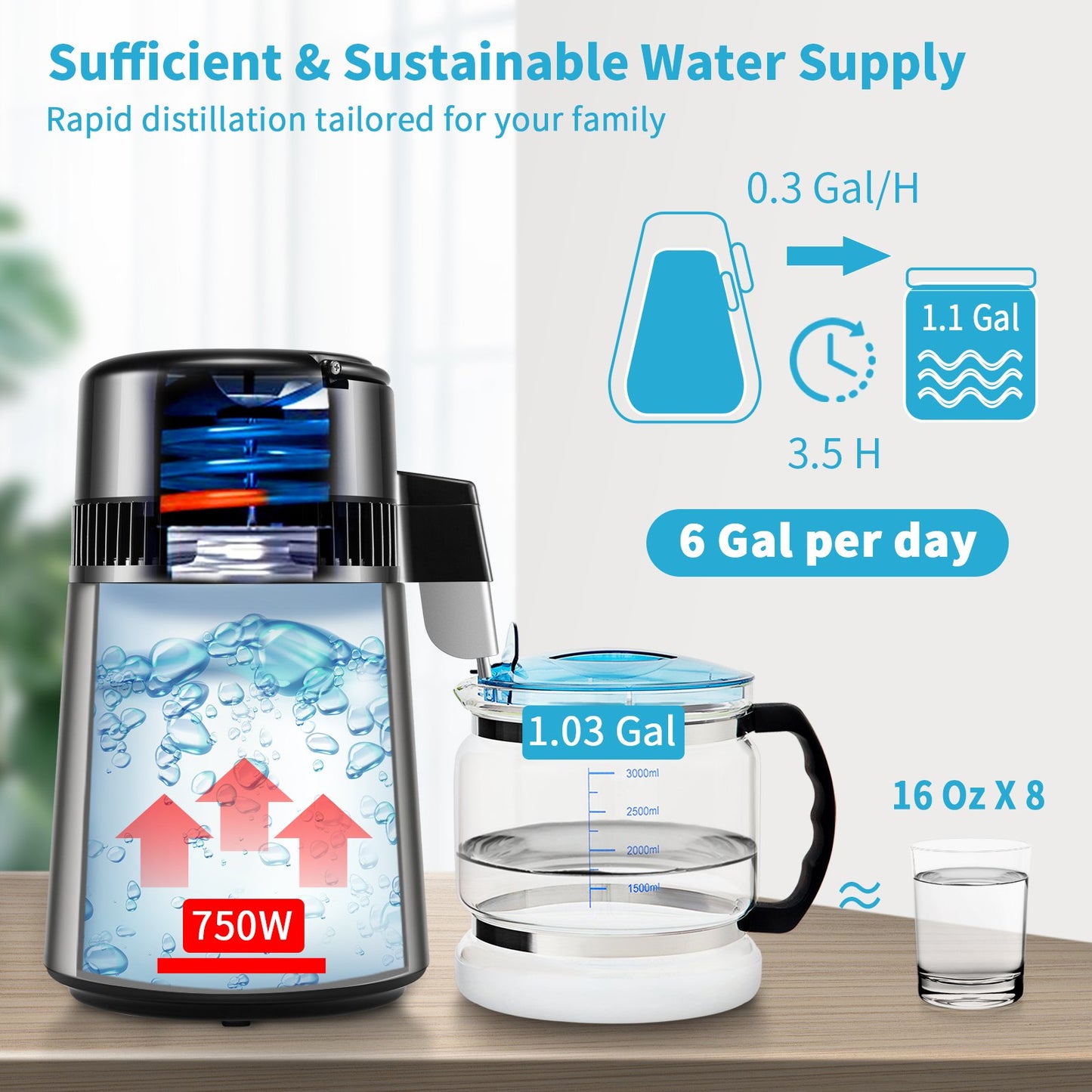 Water Distiller 1.1 Gallon Capacity, 750W Countertop Machine with Dual Temp & Timer - Silver