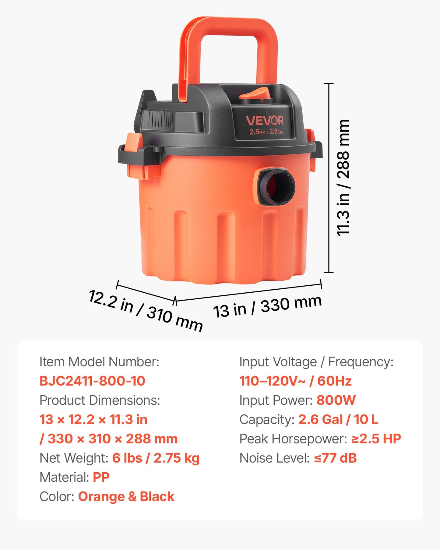 Portable 2.6 Gallon Shop Vacuum Cleaner with Nozzles - Black & Orange