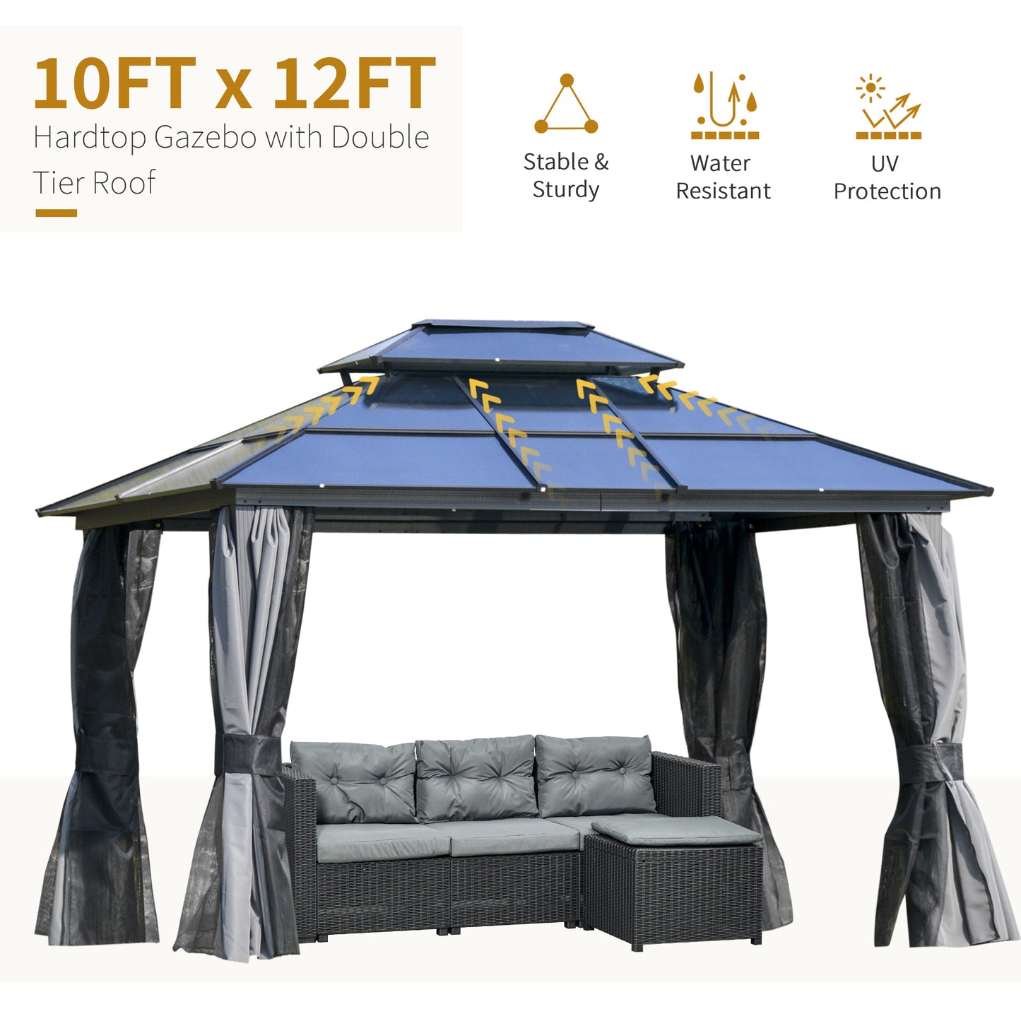 10x12 Hardtop Gazebo Canopy with Polycarbonate Roof - Light Gray