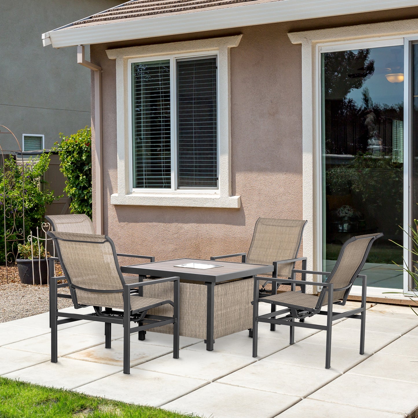 5-Piece Outdoor Dining Set with Ice Bucket & 4 Rocking Chairs - Beige