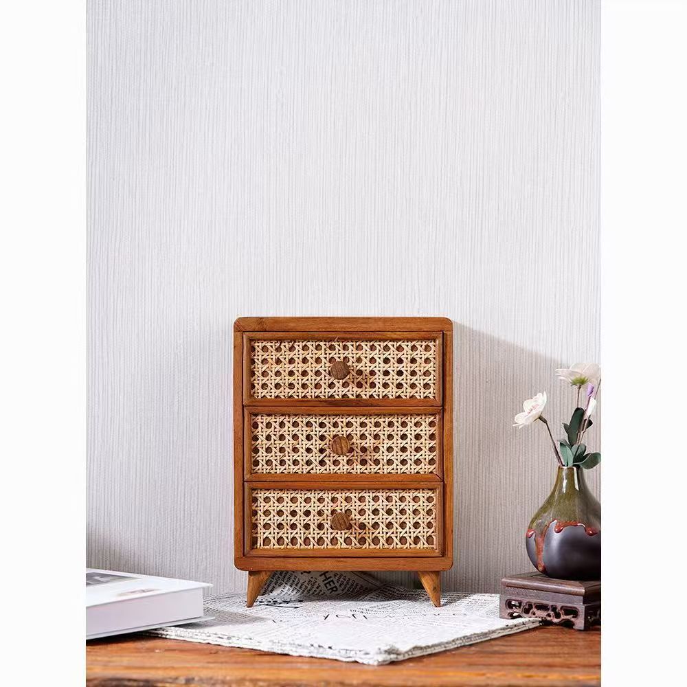 Small Rattan Woven Drawer Storage Box with 2 Layers for Home Organization