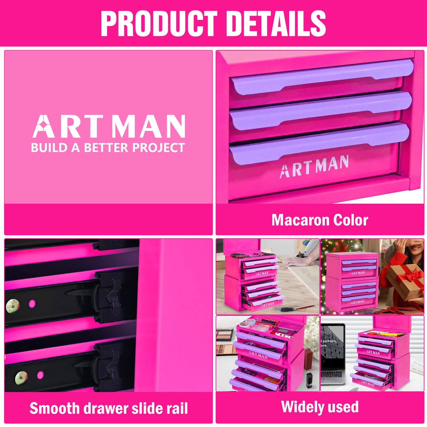 Drawer-Style Desktop Storage Box - Multi-Purpose Organizer - Purple Rose Red