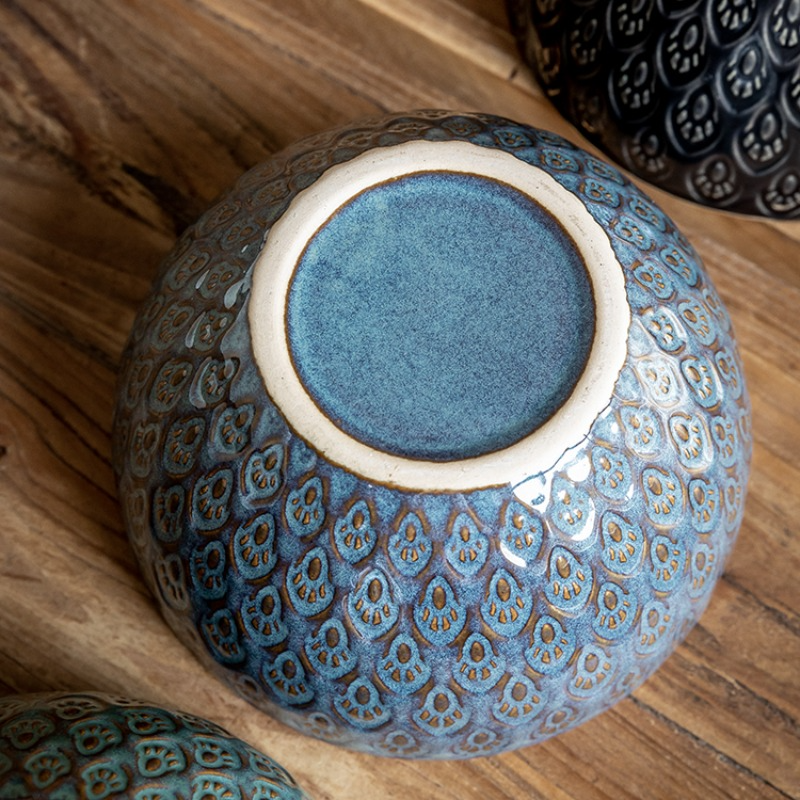 Ceramic Peacock Relief Rice Bowl Set - 5-Inch Kitchen Tableware