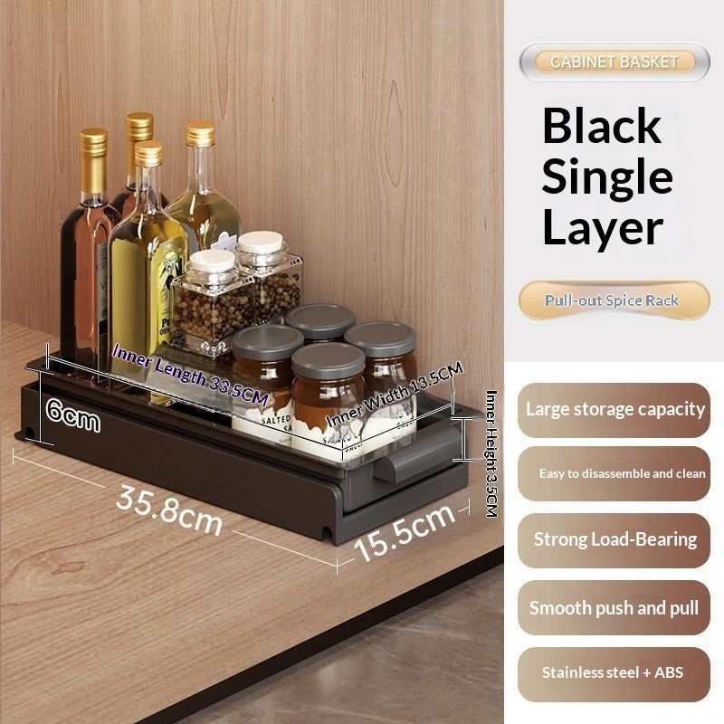 Built-in Drawer-Style Kitchen Dish and Spice Rack for Cabinets