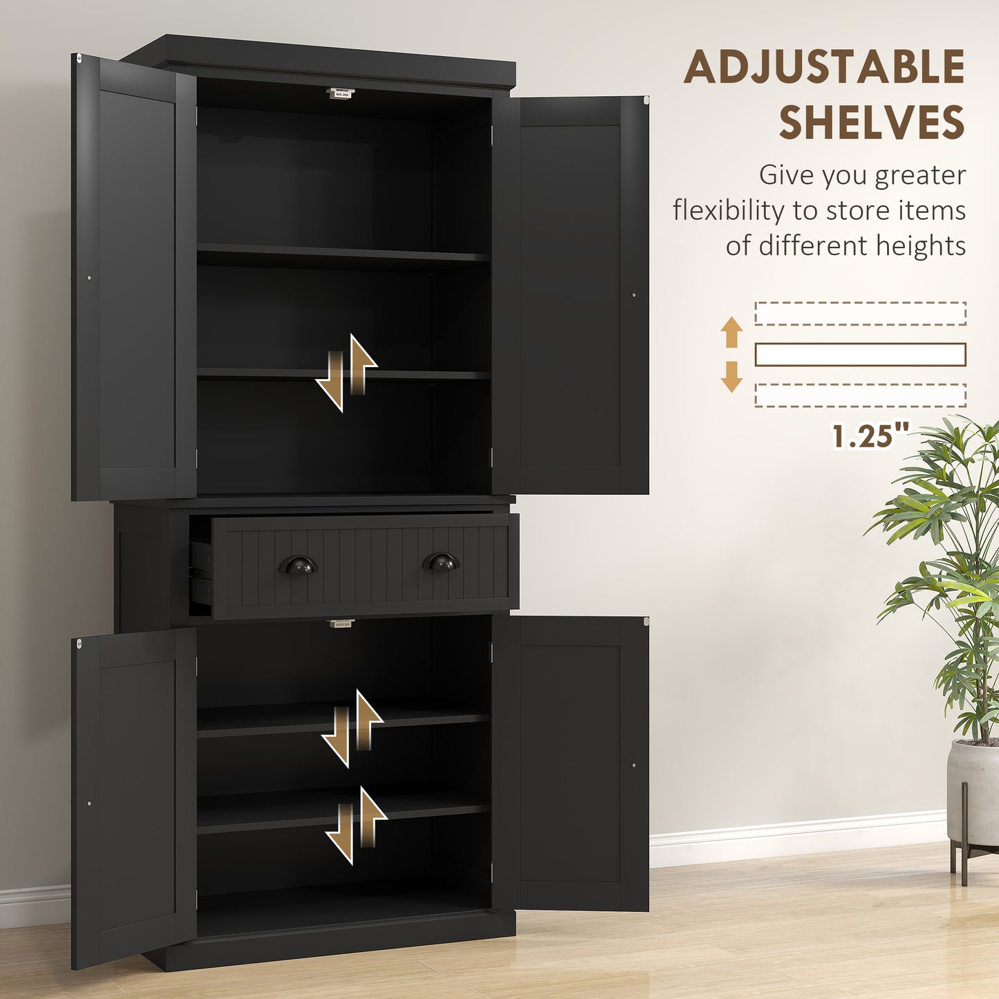 72" Kitchen Pantry Storage Cabinet with Adjustable Shelves - Black