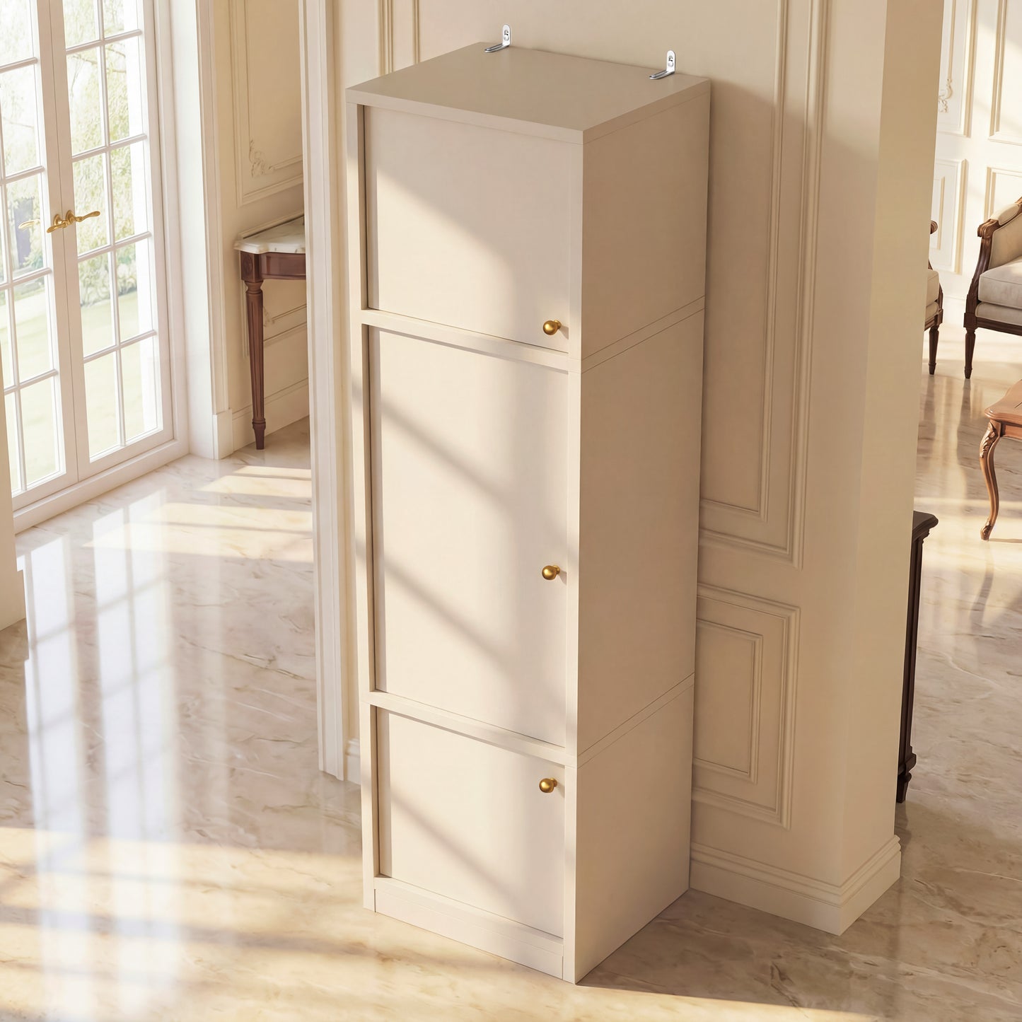 Tall Narrow Pantry Cabinet with Adjustable Shelves & Drawer - White
